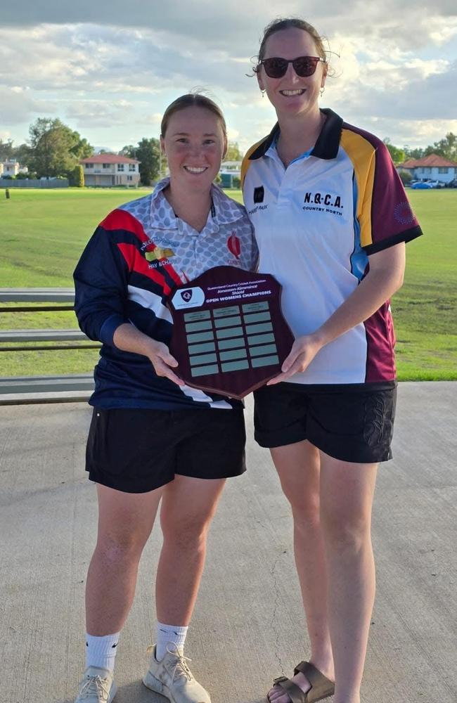 Taylah Schutt (right) pictured with teammate Emma Jackson at the recent Queensland championships. Mackay's Schutt will captain the Queensland Country Cricket Brolgas in their January 2025 tournament. Picture: Supplied