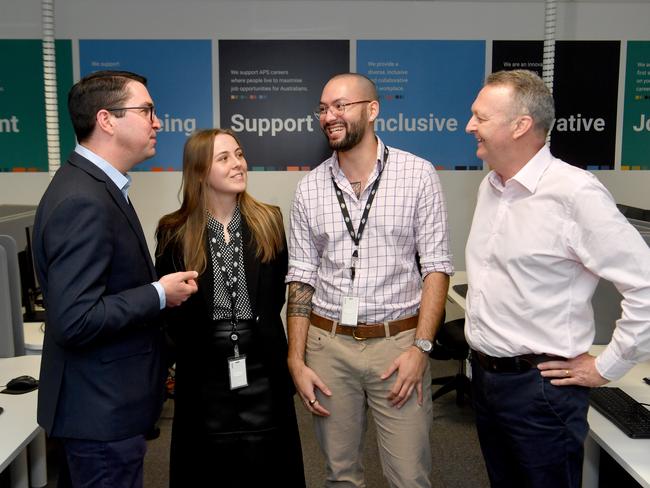 Assistant Minister to the Prime Minister and Assistant Minister for the Public Service Patrick Gorman and James Cook University Vice Chancellor and President Professor Simon Biggs with data cadet students Emily Shaw and James Donovan. Picture: Evan Morgan