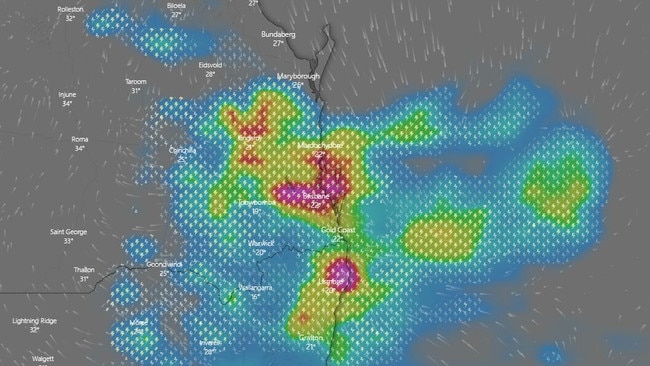 The Bureau of Meteorology have forecast heavy rainfall that may lead to flash flooding for South East Queensland following a state wide heatwave. Source: Windy