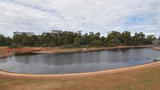 The new Victoria Park wetlands are filled by the unseasonal heavy rain which fell across South Australia. Picture: Monday 24/01/22 at 11.30am / Brown Hill Keswick Creek Stormwater Project