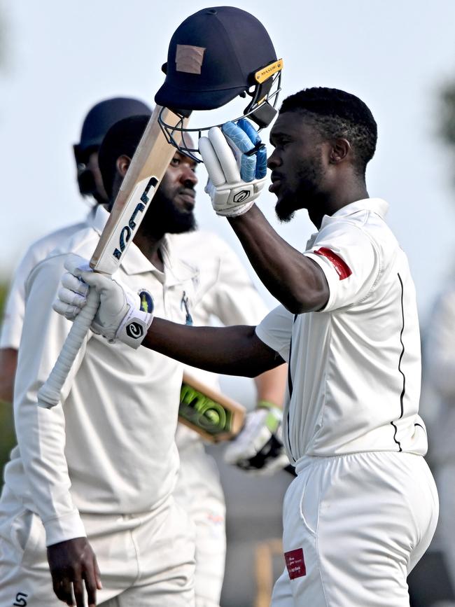 VTCA: PEGS captain Carlos Maynard celebrates scoring 100. Picture: Andy Brownbill