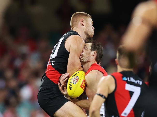 Peter Wright collides with Harry Cunningham at the SCG in an incident which will be looked at by the match review panel. Picture: Mark Metcalfe/AFL Photos/via Getty Images.