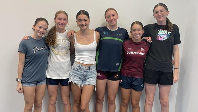 Record breaking Runaway Bay athlete Jalyn, second from the right, with some of her Queensland under-15 teammates - Matilda Campling, left, Lyla van der Breggen, Ruby Campbell, Jenali Bolden and Phoenix Mackay, far right.