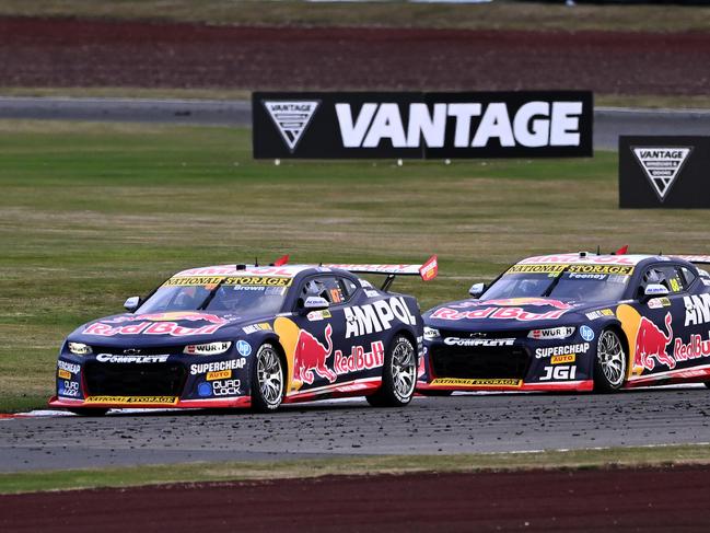 TAUPO, NEW ZEALAND - APRIL 21: Will Brown driver of the #87 Red Bull Racing Chevrolet Camaro ZL1 and Broc Feeney driver of the #88 Red Bull Racing Chevrolet Camaro ZL1 during the ITM Taupo Super400, part of the 2024 Supercars Championship Series at Hidden Valley Raceway, on April 21, 2024 in Taupo, New Zealand. (Photo by Kerry Marshall/Getty Images)