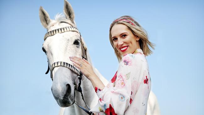 Pictured at Royal Randwick Racecourse today is Phoebe Burgess with horse Digger, ahead of Colgate Optic White Stakes Day on Saturday. Picture: Tim Hunter.