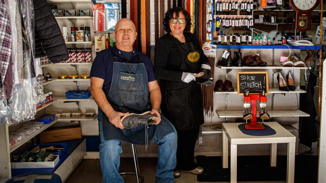 Massimo Sassi and his wife, Carmel, run Classic Shoe Repairs. Picture: Matt Turner