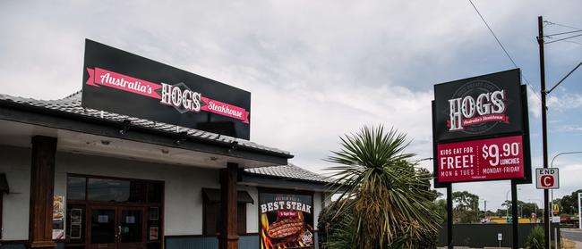 Liquidation notices can be seen on the front doors of Hog's Breath Steakhouse in Holden Hill in South Australia.