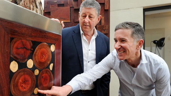 Artist Dominic Roscioli and centre manager Ric Walker with more of the artwork made from the tree.