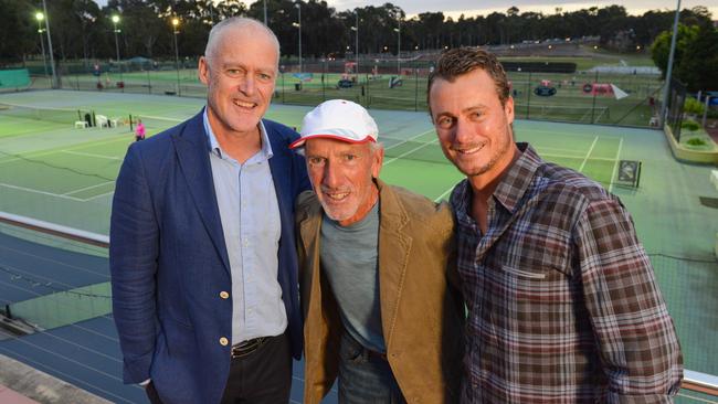 Australian tennis playing greats John Fitzgerald, Peter Smith, and Lleyton Hewitt. Picture: Brenton Edwards/AAP