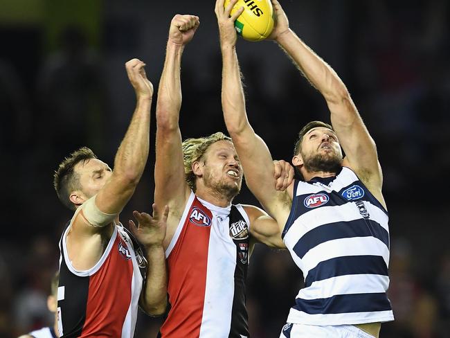 Aaron Black marks in front of Nathan Brown and Sam Gilbert. Picture: Getty Images