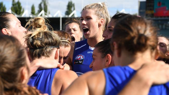 Abbey Green sings team song after the win during the Round 2 AFLW match between the North Melbourne Kangaroos and the GWS Giants at the University of Tasmania Stadium on in Launceston. Picture: STEVE BELL/GETTY IMAGES