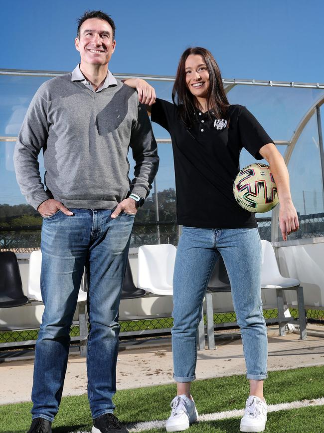 Tony Vidmar (R) with his Mikayla, 18. Mikayla is following in her dad’s footsteps playing for Adelaide City. Picture: Sarah Reed