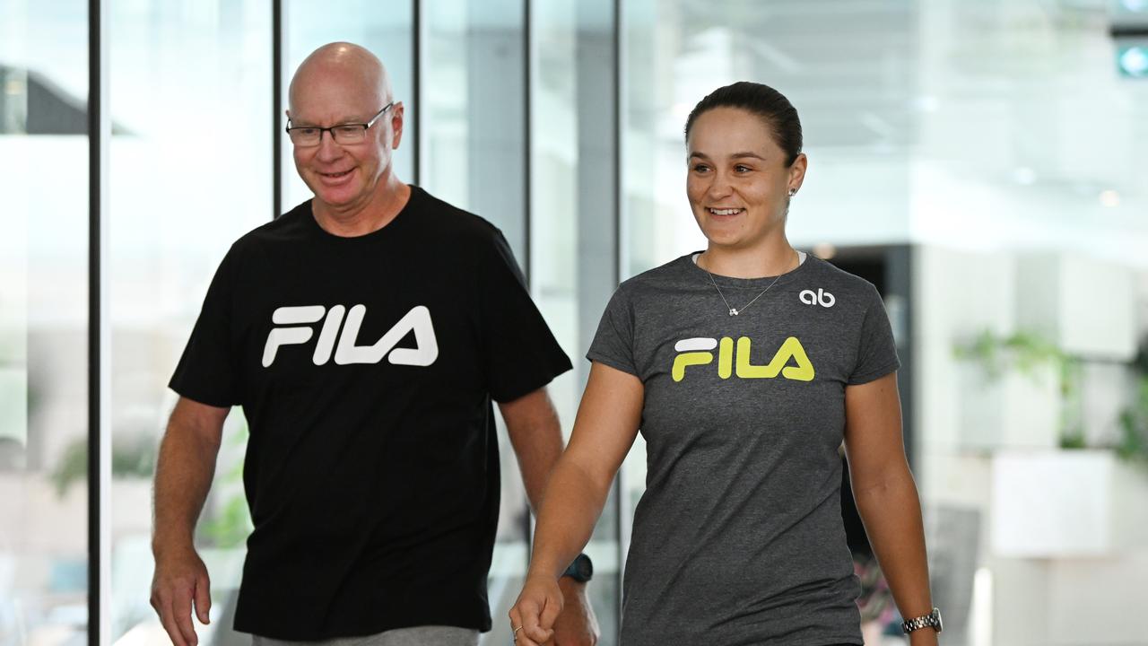 Then-world no. 1 tennis player Ash Barty and her coach Craig Tyzzer on their way to a media conference. Picture: NCA NewsWire/Dan Peled.