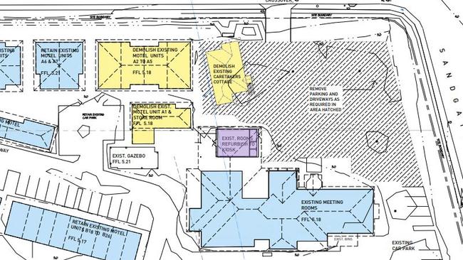 This image shows the buildings (in yellow) and parking spaces (grey) which will be removed to make way for the proposed putt-putt course and indoor golf driving simulator. Image: Brisbane City Council pdonline