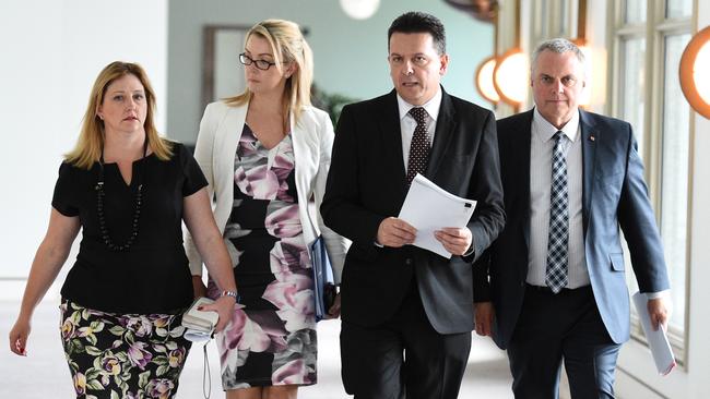 The Nick Xenophon Team – later rebranded to Centre Alliance – in Canberra in 2016: Member for Mayo Rebekha Sharkie, Senator Skye Kakoschke-Moore (forced to resign over citizenship issues), Senator Nick Xenophon (resigned in a doomed bid to become SA Premier) and Senator Stirling Griff. Picture: Mick Tsikas