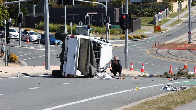 Police investigate at the scene of the accident. Picture: Glenn Hampson.