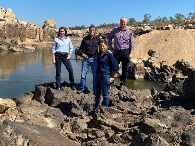 Special Envoy for Northern Australia Senator Susan McDonald, Water Minister Glenn Butcher with former Charters Towers Regional Council Mayor Frank Beveridge and former councillor Sonia Bennetto at the Big Rocks Weir site.