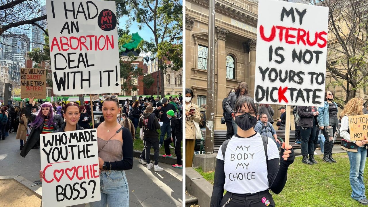 Zara Monk with a friend, and Tahlia English at the Melbourne rally. Picture: Chantelle Francis / news.com.au