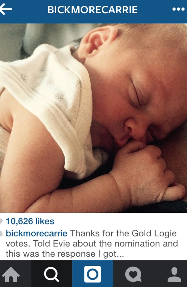 Cheering on the inside: Bickmore posted this Instagram picture of her new daughter Evie's reaction to Carrie's fourth Gold Logie nomination. Picture: Instagram