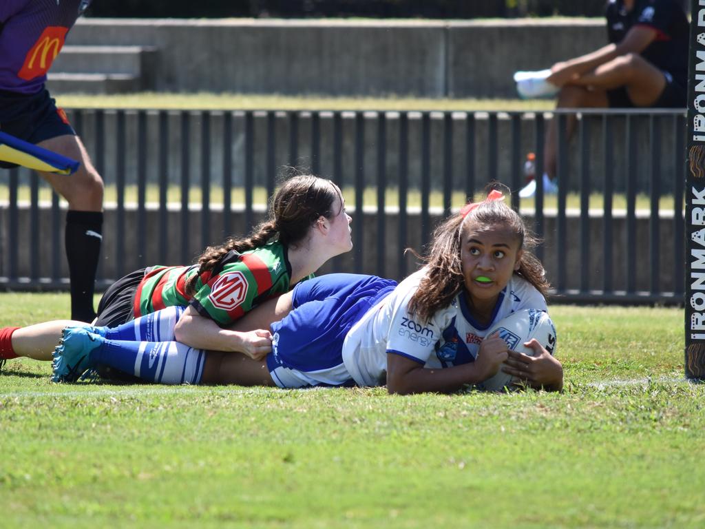 Litia Fusi crosses the line for Canterbury. Picture: Sean Teuma/NewsLocal