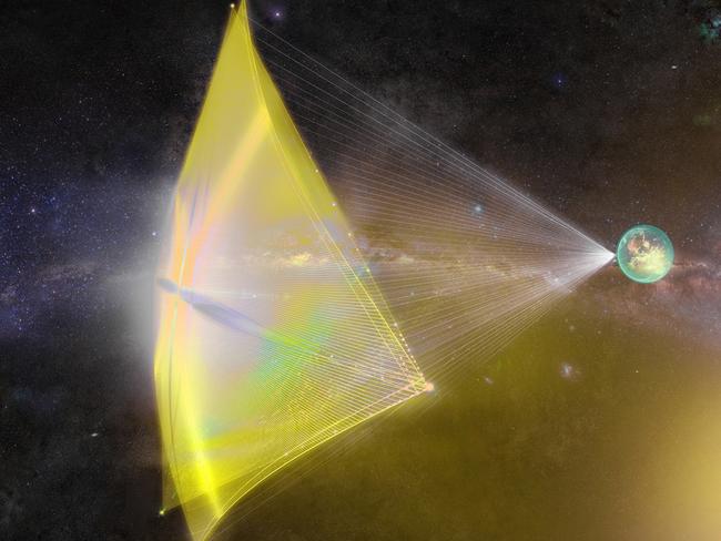 'Star Chip' is a proposed nano-space probe weighing just a few grams that could use a light sail powered by Earth-based lasers to propel it towards Alpha Centauri. Picture: Breakthrough Starshot