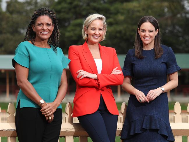 Fox Cricket anchors Mel Jones, Jess Yates and Neroli Meadows at North Sydney Oval ahead of the Fox Cricket launch. Picture: Brett Costello