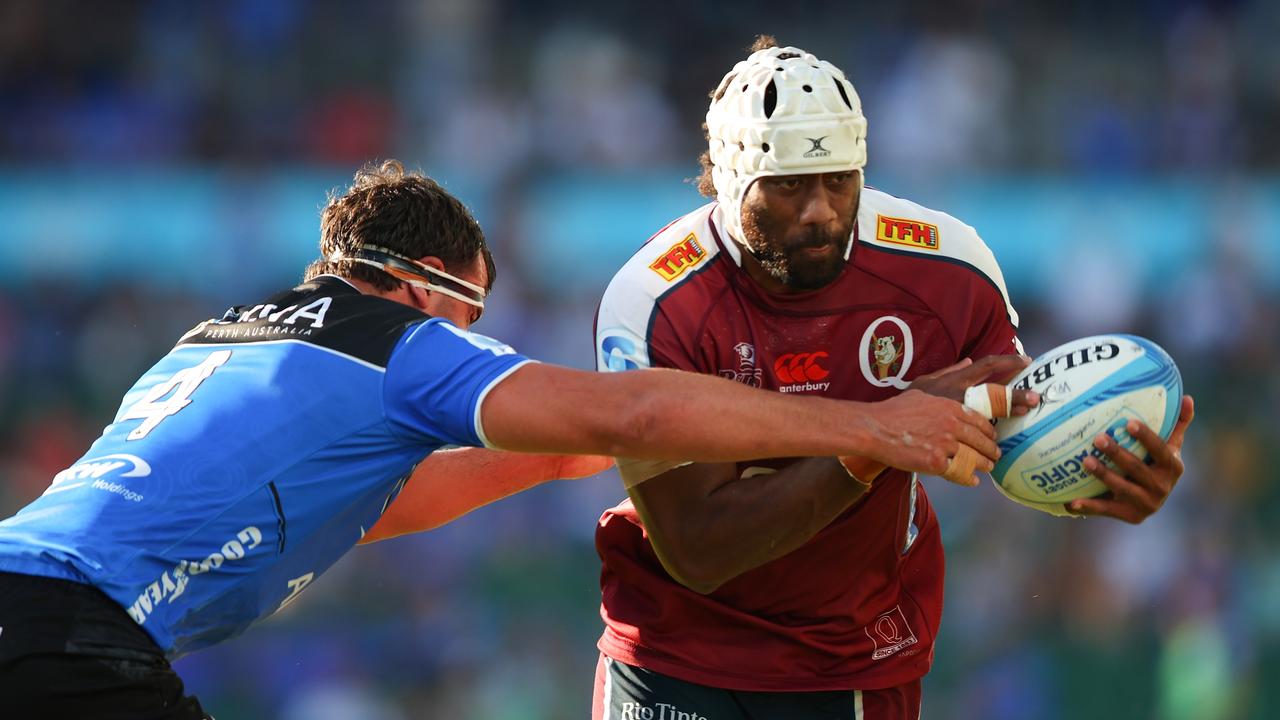 Reds lock Seru Uru (right) will make his 50th appearance for Queensland on Friday night. Picture: Picture: James Worsfold/Getty Images