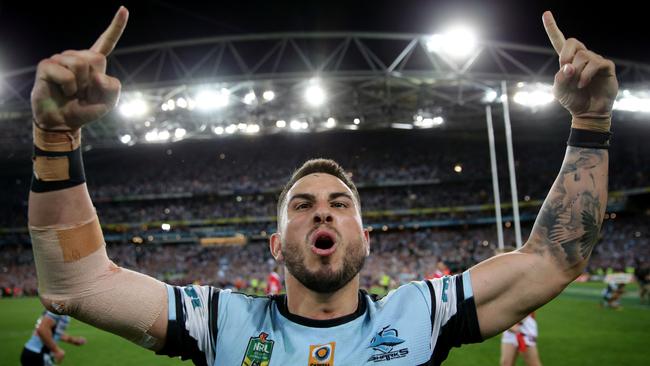 Shark's Jack Bird celebrates winning the grand final during the 2016 NRL Grand Final between the Cronulla Sharks and the Melbourne Storm at ANZ Stadium , Homebush . Picture : Gregg Porteous