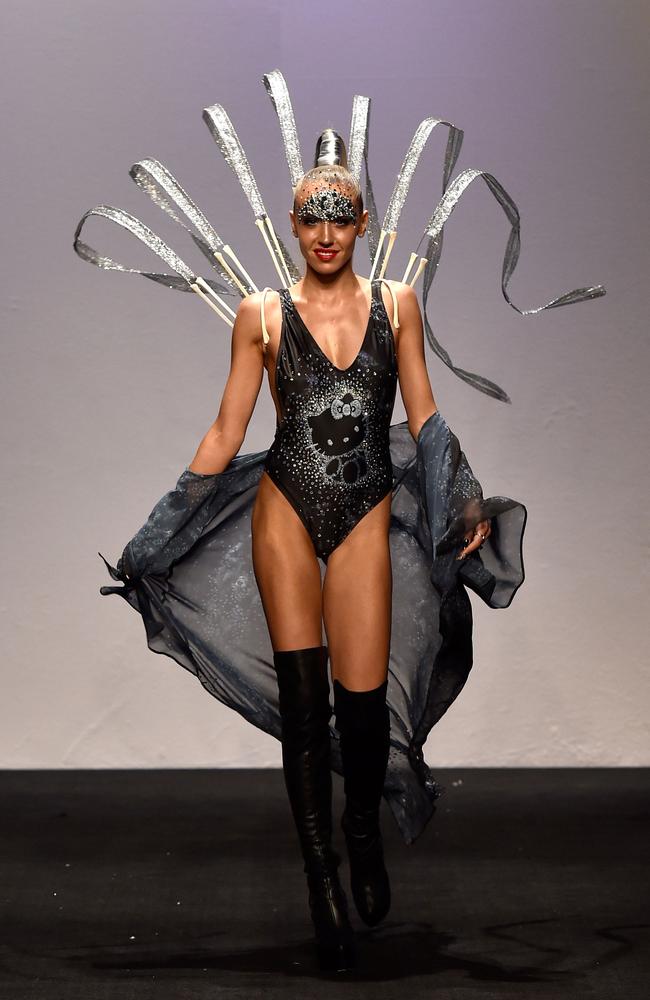 She walked in the same show in 2015, wearing a one piece with Hello Kitty emblazed on it. Picture: Stefan Gosatti/Getty Images