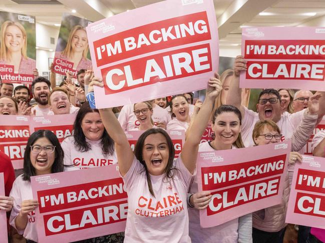 May 3, 2025: Camilla Howard-Luck with Labor supporters at the Claire Clutterham Election night even at the Altavilla club win Norwood  Picture: Kelly Barnes