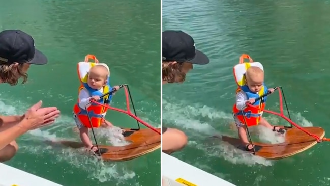 Six-month-old baby water skis 