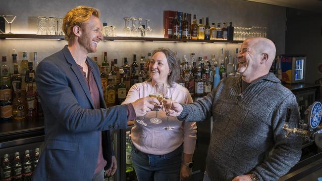 Queens Head Hotel reopening – co-owners Nick Sallmann, Caroline Wykamp and Simon Kanan. Not pictured Cameron McCulloch. Picture: Caroline Tan