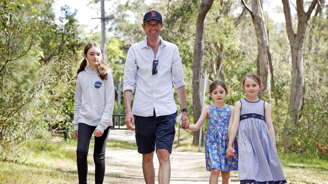 NSW Premier Dominic Perrottet with his daughters Charlotte, Amelia and Annabelle. Picture: Tim Hunter.