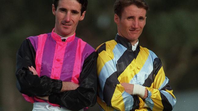 Jockey Jason Oliver (l) with brother Damien Oliver (r) wearing silks at Bendigo jockey club meeting 17 Apr 1997. p/