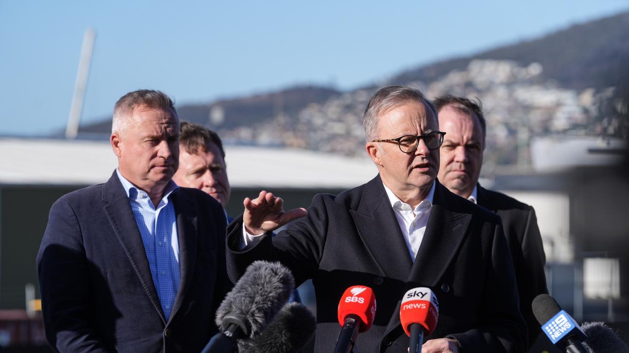 Mr Albanese appeared alongside Liberal premier Jeremy Rockliff. Picture: NCA NewsWire/ Alastair Bett