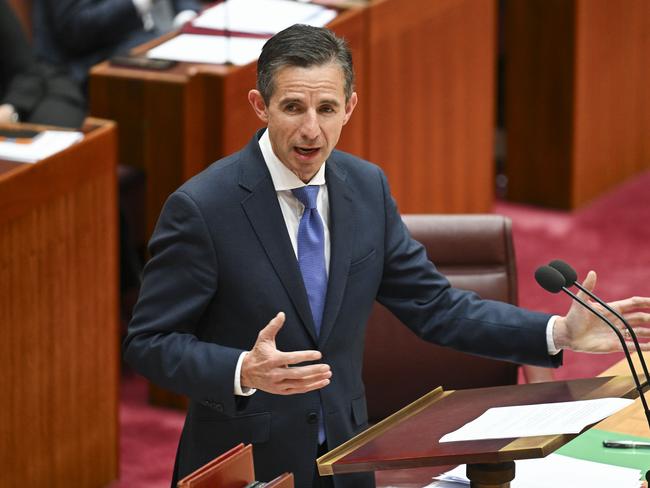 Senator Simon Birmingham gives his valedictory speech in the Senate at Parliament House in Canberra. Picture: NewsWire / Martin Ollman
