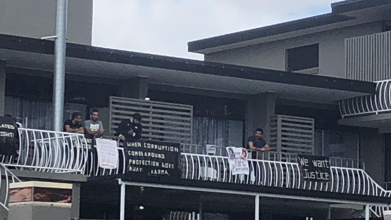 Protesters gather outside a refugee hotel in Brisbane on Saturday. Picture: Shiloh Payne