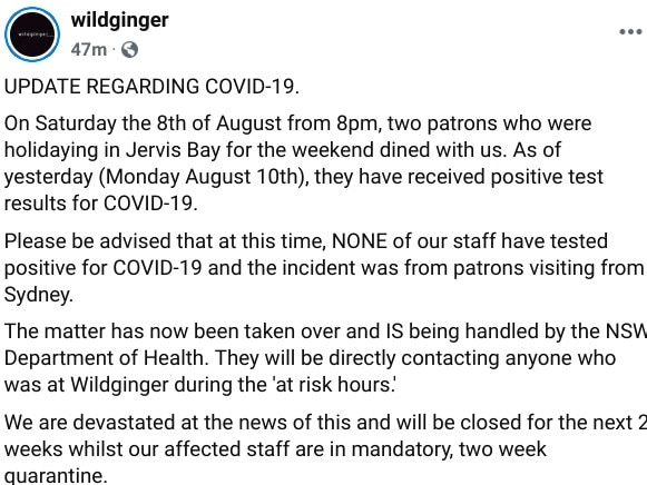 Wildginger post has attracted tremendous support from local diners who vouch to return once it reopens. Picture: Facebook.