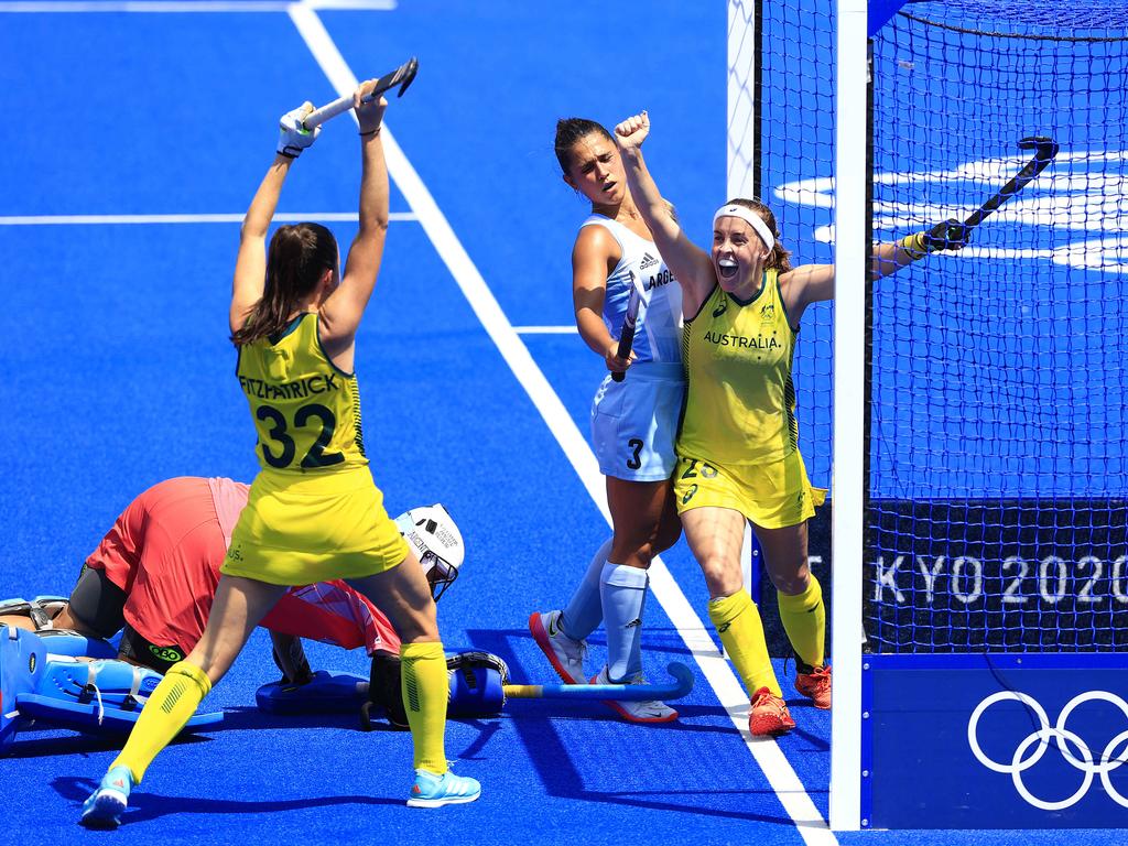 Emily Chalker scores for Australia during Australia v Argentina womens hockey game at Oi Hockey Stadium in Tokyo. Picture: Adam Head