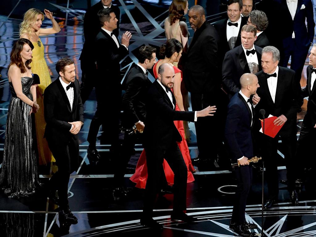 ‘La La Land’ producer Jordan Horowitz stops the show to announce the actual Best Picture winner as ‘Moonlight’ following a presentation error during the 89th Annual Academy Awards. Picture: AFP