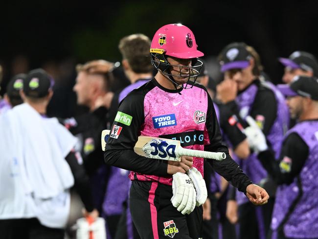 Sixers captain Moises Henriques was one of three wickets to fall inside the first three overs in their final against the Hurricanes. Picture: Steve Bell/Getty Images