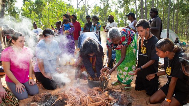 Raypirri welcome ceremony to open the Youth Forum on Day two of Garma Festival 2022. Picture: Melanie Faith Dove