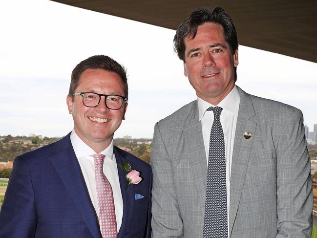 Victorian Racing Minister Anthony Carbines with Gillon McLachlan at last year’s Cox Plate in Melbourne.