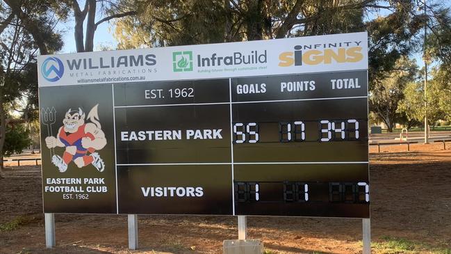 The scoreboard from Eastern Park's recent 340-point win over Elizabeth. Picture: Eastern Park Football Club