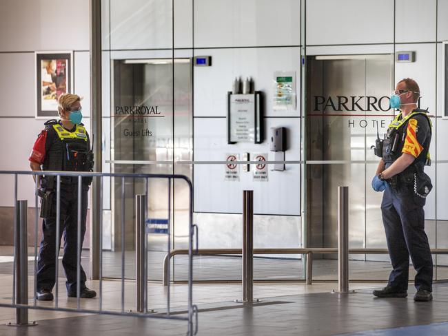 03/02/2021:  Police outside the Park Royal Hotel at Melbourne Airport where CQV is investigating a potential transmission of coronavirus between hotel quarantine residents at the Park Royal Hotel after two separate resident groups on the same floor returned genome testing results for the same UK variant.Picture: David Geraghty