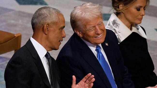 Trump speaks with Barack Obama during Jimmy Carter’s funeral. Picture: CHIP SOMODEVILLA / Getty Images via AFP