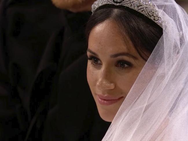 Meghan Markle at her wedding ceremony. Picture: UK Pool/Sky News via AP.