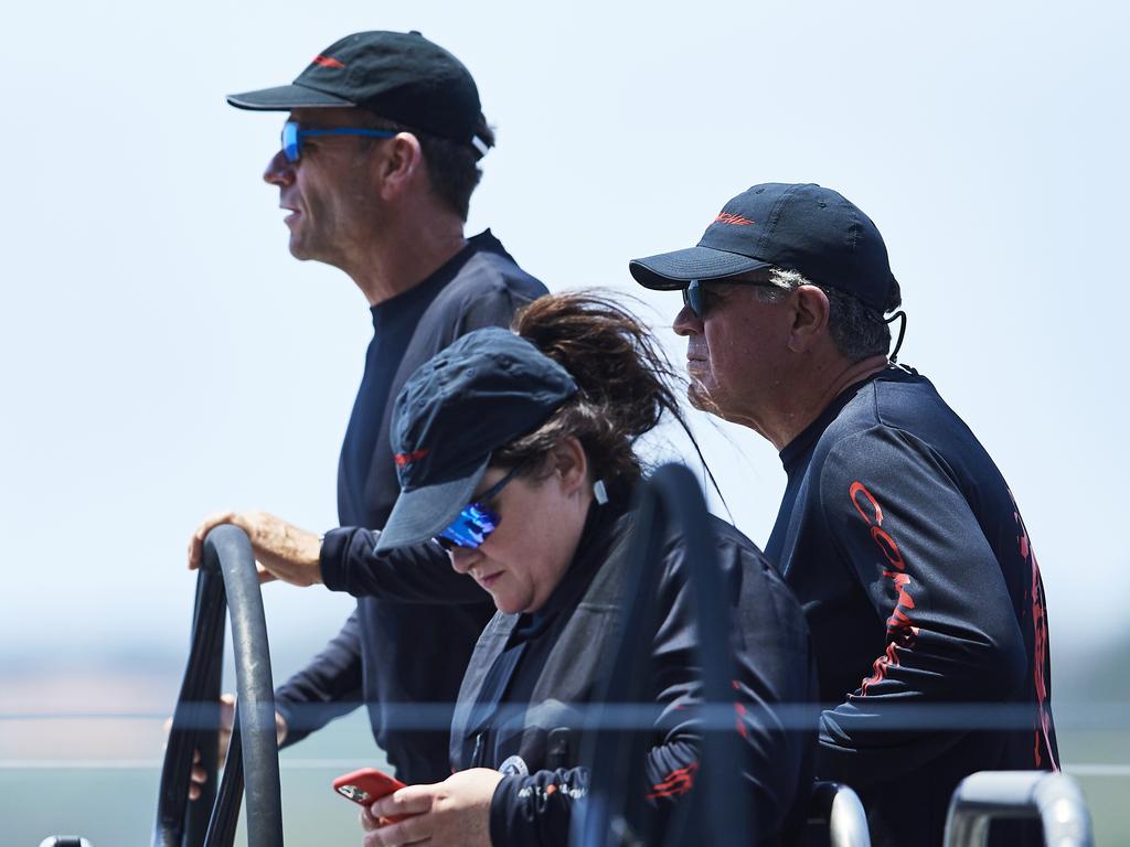 The crew of Comanche is pictured in the Sydney Harbour during the 2019 Sydney to Hobart on December 26, 2019 in Sydney, Australia. (Photo by Brett Hemmings/Getty Images)