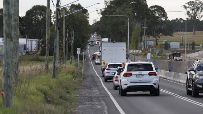 Traffic is heavy on Mamre Rd at Kemps Creek. Businesses are calling for the government to invest in upgrading roads and infrastructure in the area. Picture: Richard Dobson