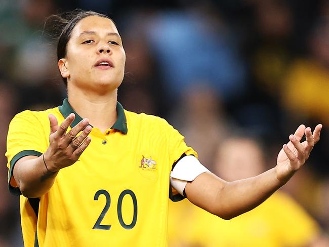 SYDNEY, AUSTRALIA - SEPTEMBER 06: Sam Kerr of the Matildas shows her frustration during the International Friendly Match between the Australia Matildas and Canada at Allianz Stadium on September 06, 2022 in Sydney, Australia. (Photo by Mark Kolbe/Getty Images)